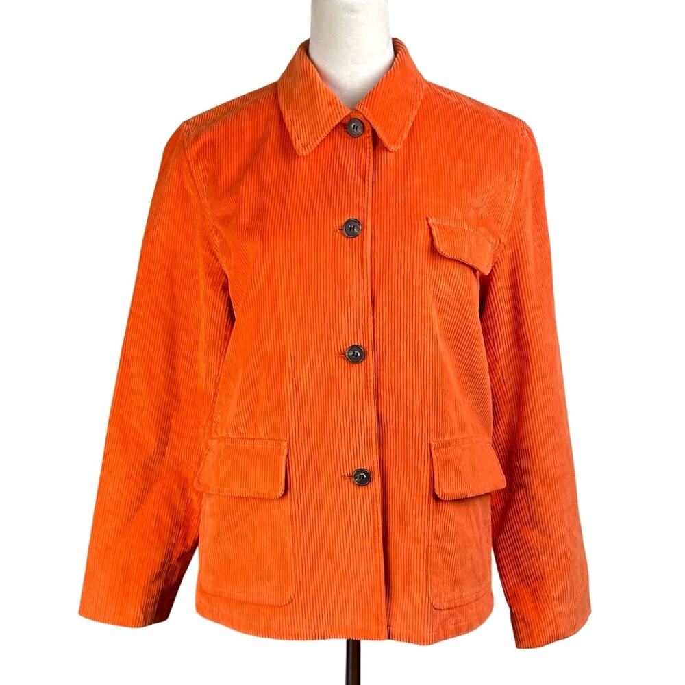 Womens J Crew Orange Corduroy Button Up Closure Collared Jacket with Pockets